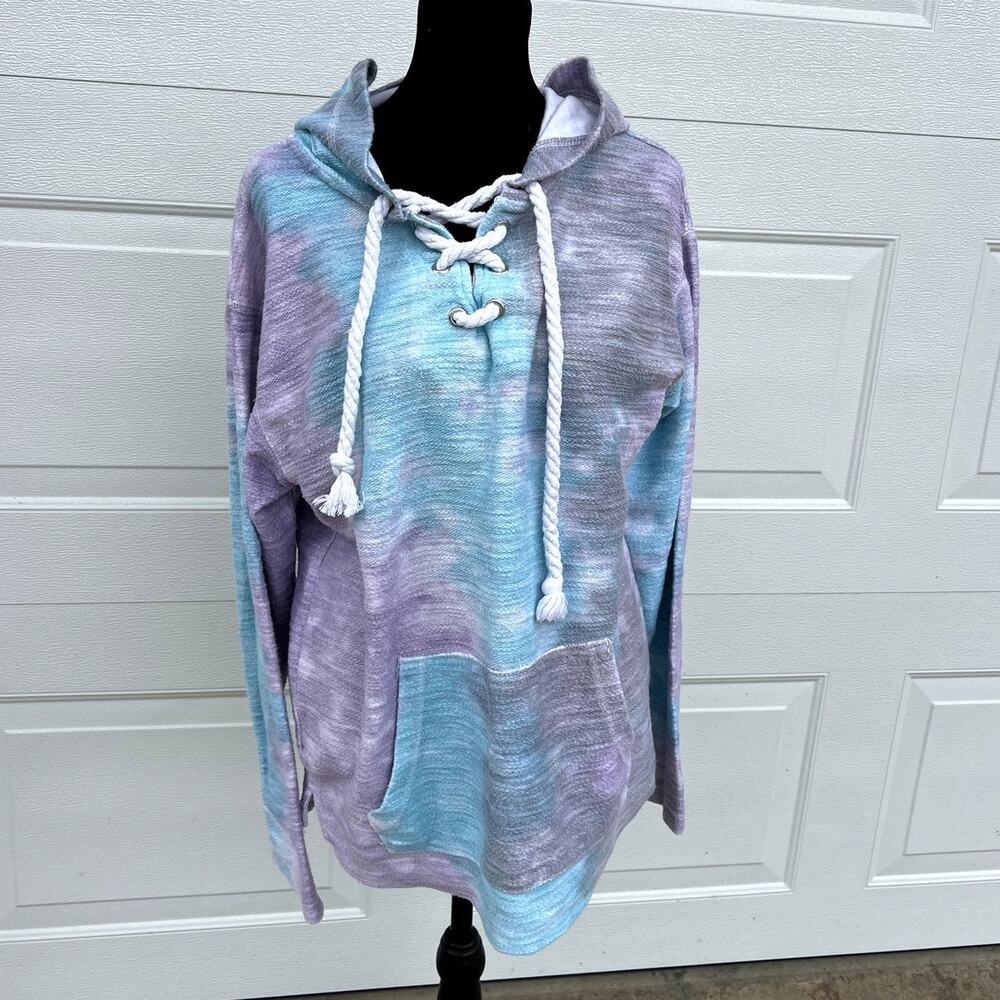 Southern Spirit Terry Hoodie Teal Lavender Pullover, Women's size L